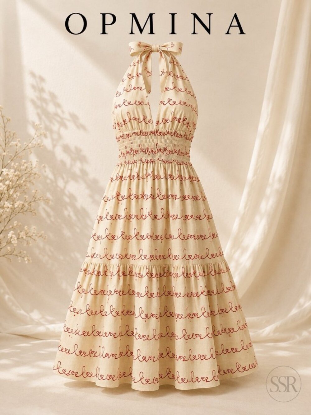 OPMINA Valerie Bow Halter Midi Dress Lovers Print Linen Cotton Size M